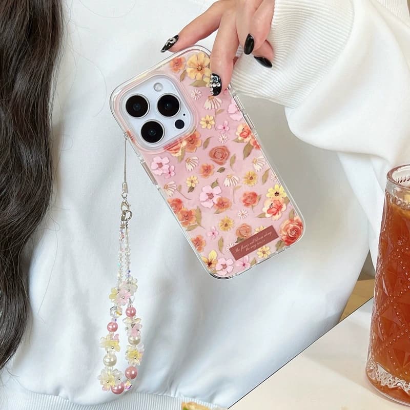 ins少女心油画花朵链条适用于iphone17promax苹果16手机壳15双层