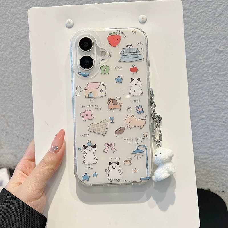 可爱猫咪小狗涂鸦插画适用苹果16promax手机壳iPhone14套17时尚15